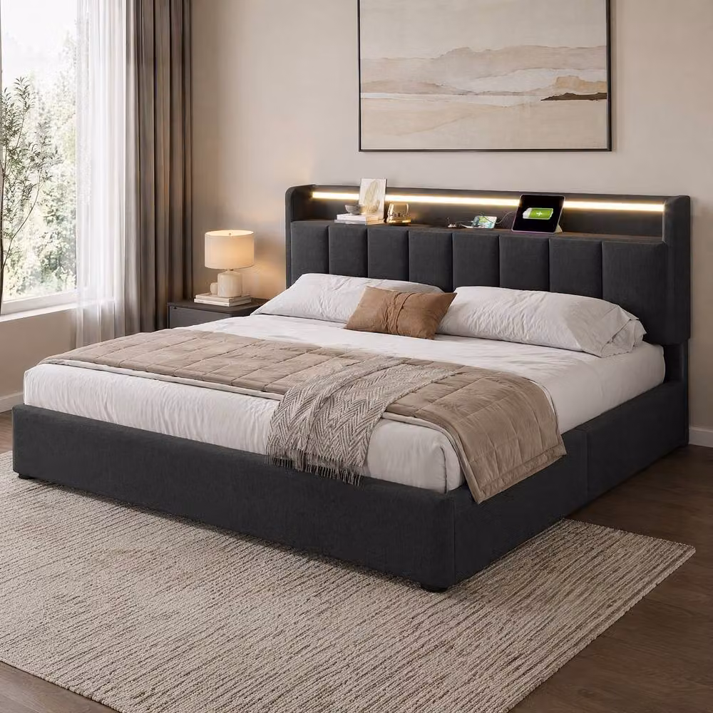 STILVORA Grey Fabric King Bed Frame with LED Lighting, USB Charging Ports and Lift-Up Storage Base – 3