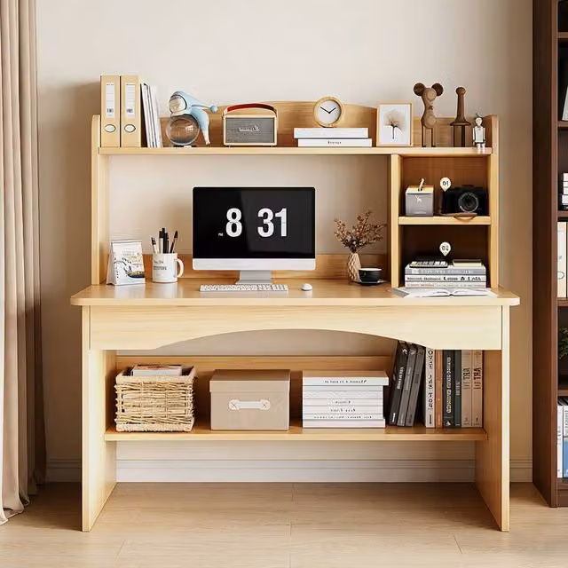 FORGEVIO Computer Desk with Shelves, Brown Wooden Study Table for Home Office, W: 120 cm, D: 45 cm, H: 45 cm – 1