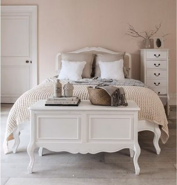 Juliette French Upholstered Headboard Bed in White, Double
