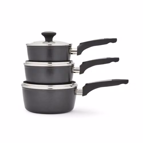 Morphy Richards 3-Piece Forged Aluminium Non-Stick Pan Set with Glass Lids in Black, 16, 18 and 20cm – 4