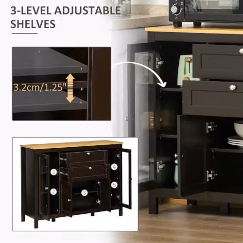 HOMCOM Modern Sideboard Storage Cabinet with 4 Doors and Glass, Black Brown, W/D/H: 120 x 40 x 90 cm – 5