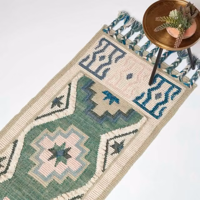 Homescapes Green and Blue Boho Kilim Wool and Cotton Flat Weave Rug with Fringes, Width: 200 cm