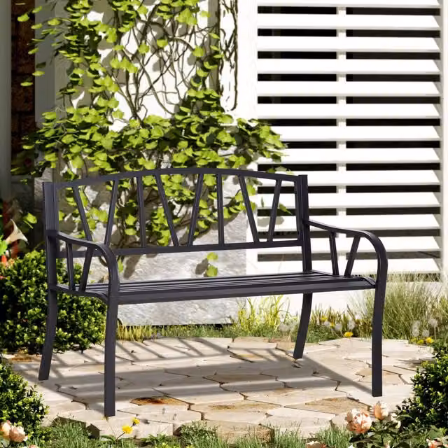 Outsunny Minimalist 2 Seater Metal Garden Bench in Matt Black – 2