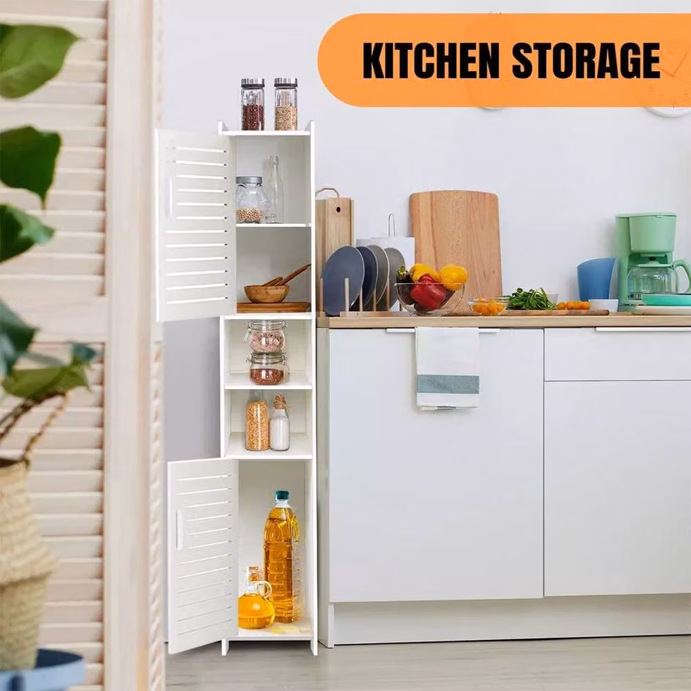 FLAVORA 5 Tier White Bathroom Floor Cabinet with Hinged Doors and Open Shelving – 4