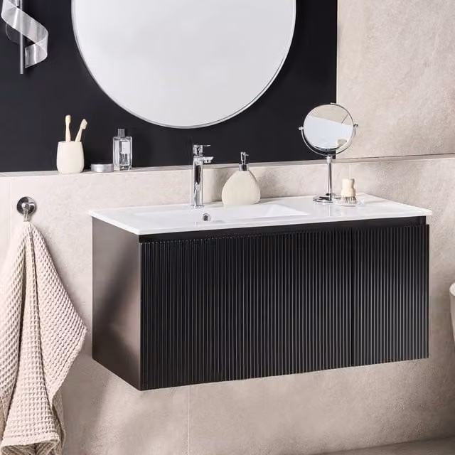 Wyld and Coco Black 100cm Wall-Mounted Vanity Unit with Built-In Ceramic Basin