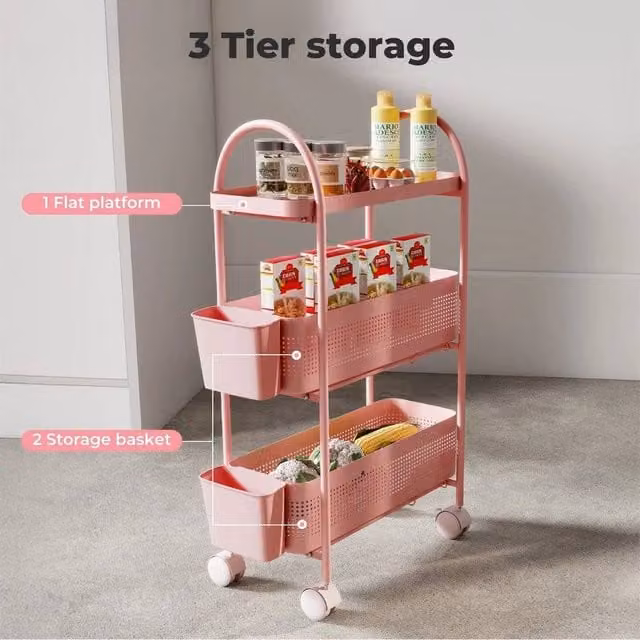 KORVIXA 3 Tier Slim Storage Trolley in Pink, W/D/H: 50 x 50 x 70 cm