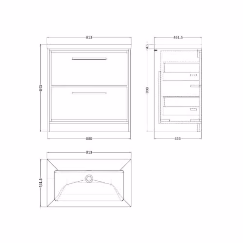 Balterley Modern 2 Drawer Floor Standing Bathroom Vanity Unit with Basin in Light Oak Brown, W: 81.3 cm, D: 46.2 cm, H: 84.5 cm – 2