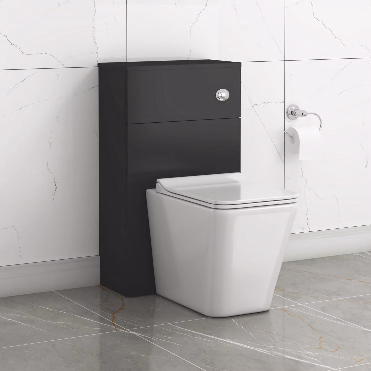 Royal Bathrooms Turin Matt Black Wall Mounted WC Unit with Elena White Ceramic Rimless Toilet Pan, Slim Soft Close Seat and Cistern, Width: 50 cm