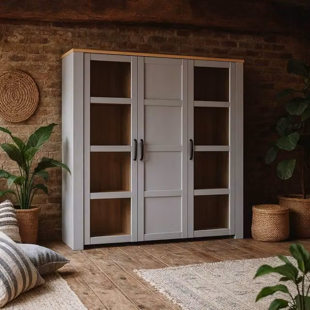 Wyld Haus Bohol 3 Door Large Display Cabinet in Riviera Oak and White, H 160.6 x W 80.0 x D 42.0 cm