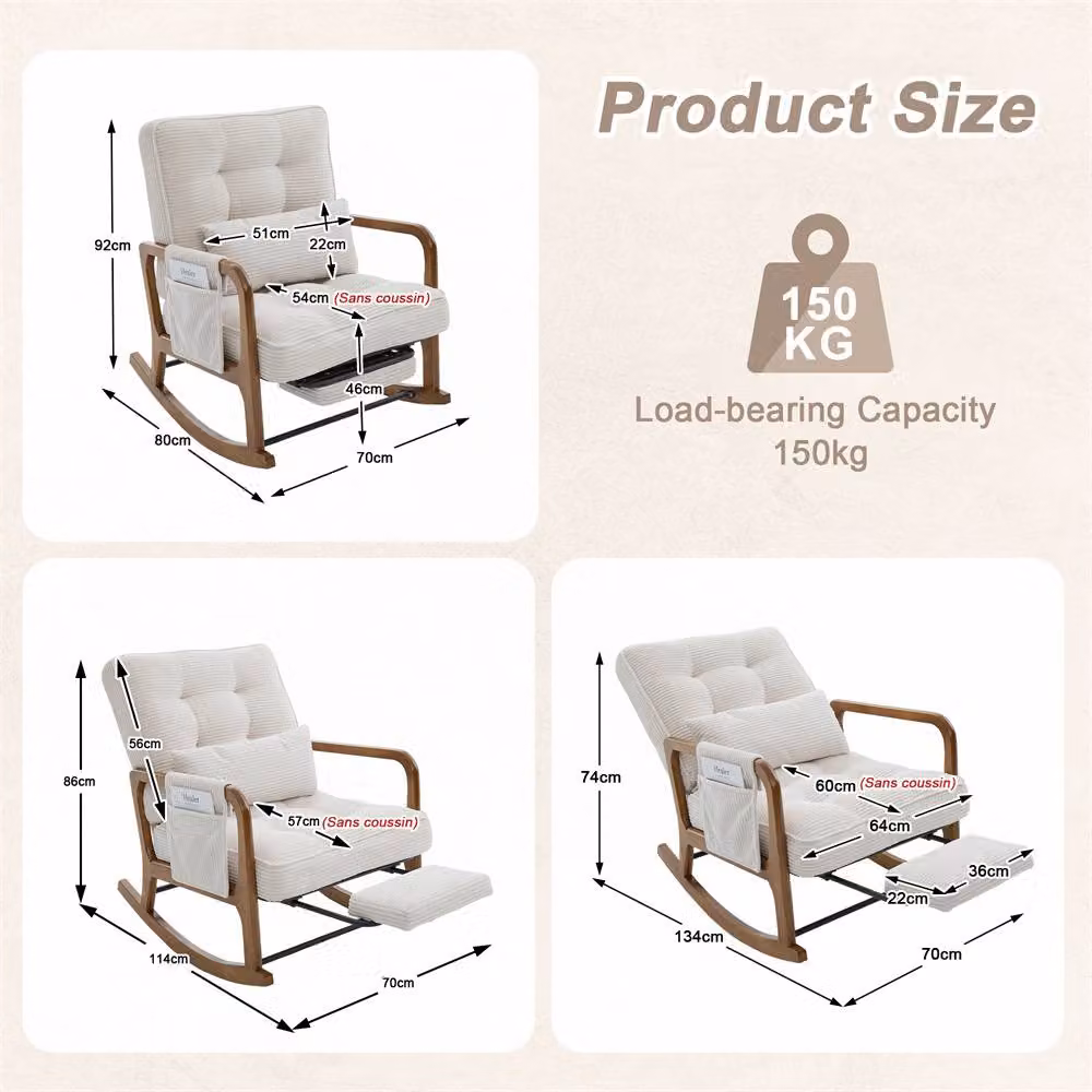 Direct Wicker Rocker Glider Chair with Footrest and Side Pocket, Light Beige Corduroy Upholstery – 2