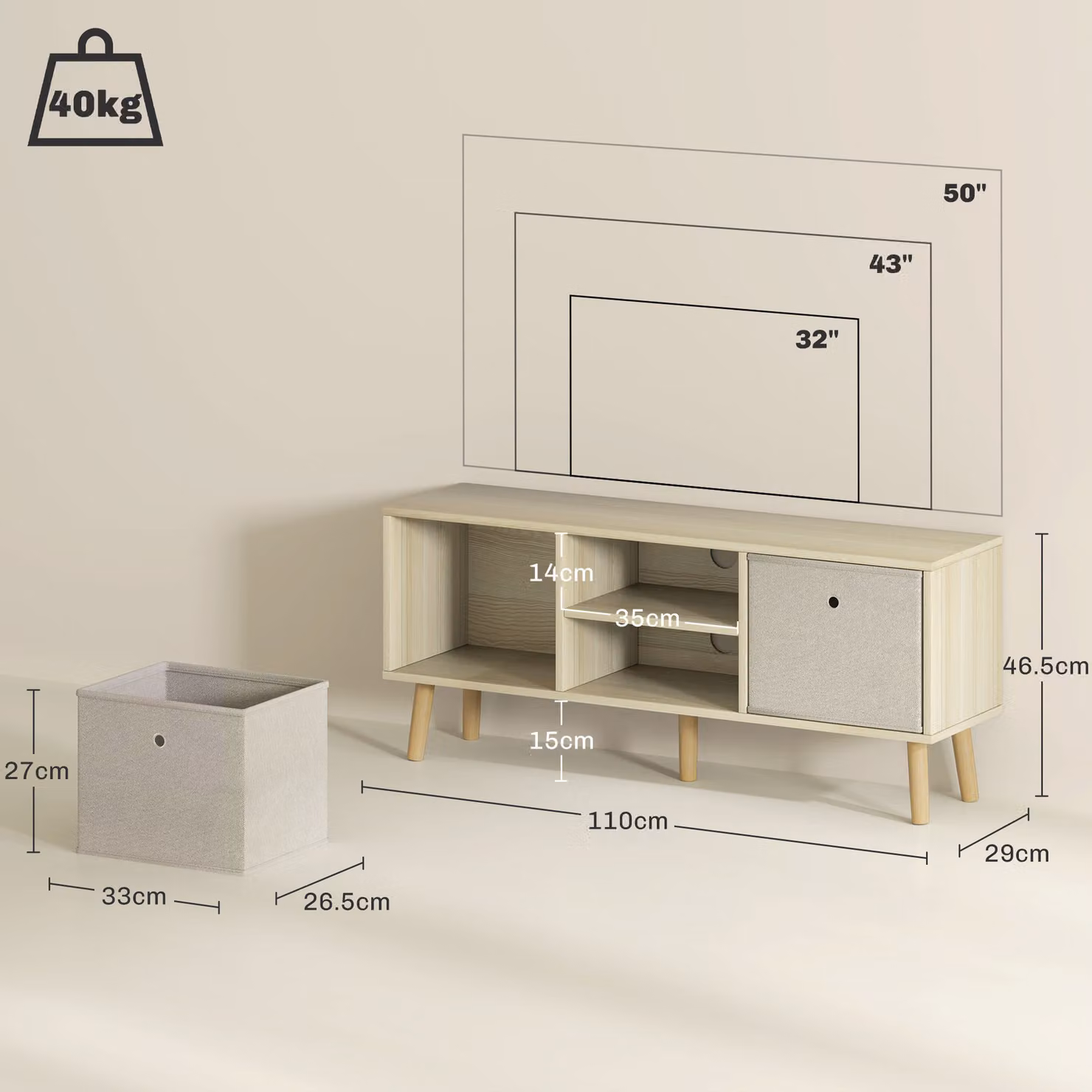HOMCOM Natural and Beige TV Cabinet Stand Unit for TVs up to 50 inch with Foldable Drawers – 3