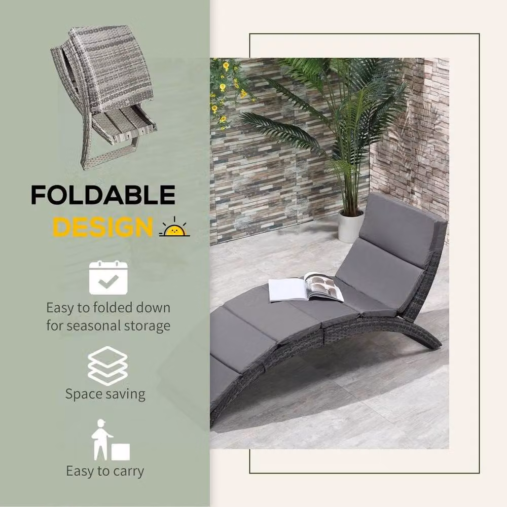 NESTLUNE Grey Polyrattan Foldable Garden Sun Lounger with Weatherproof Cushion – 3