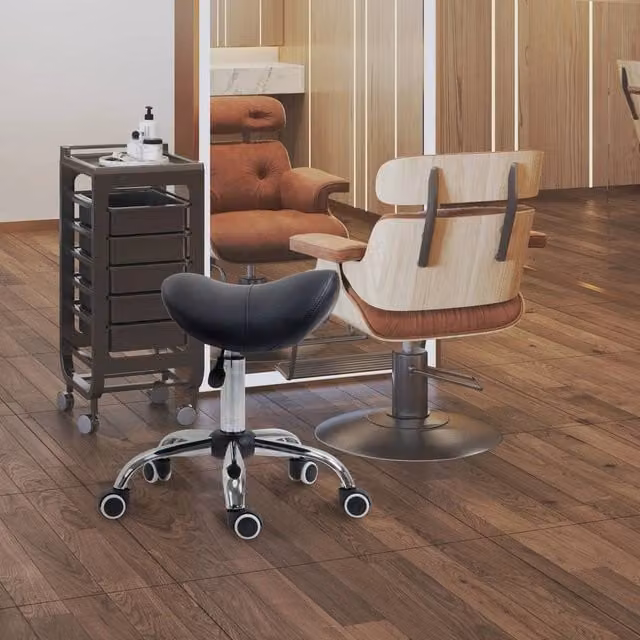 EONLION Black PU Leather Saddle Stool with Adjustable Height and Moulded Padded Seat – 1