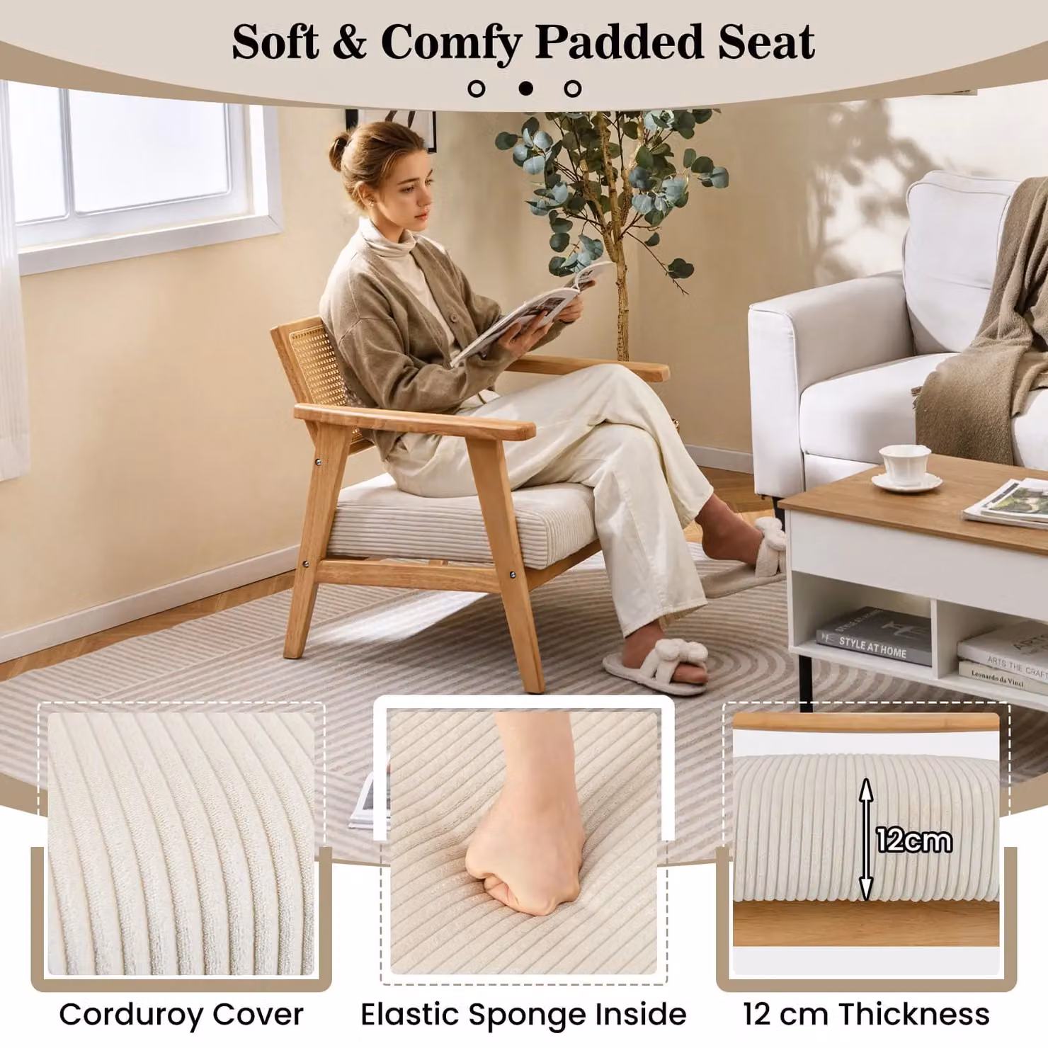 Costway Mid-Century Corduroy Accent Chair with Upholstered Seat and Solid Wood Frame in Beige Sand – 2