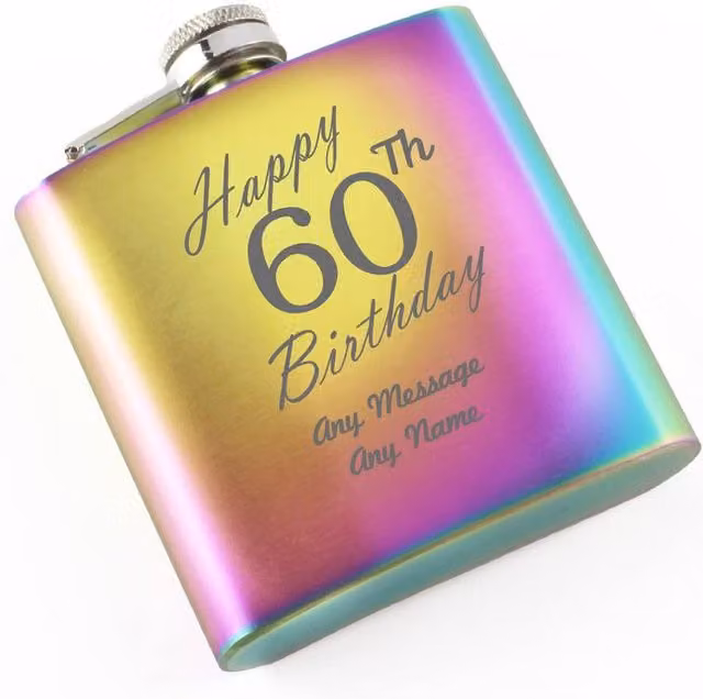 Uniqueful Personalised Happy 60th Birthday Engraved Rainbow Stainless Steel Hip Flask, 6oz