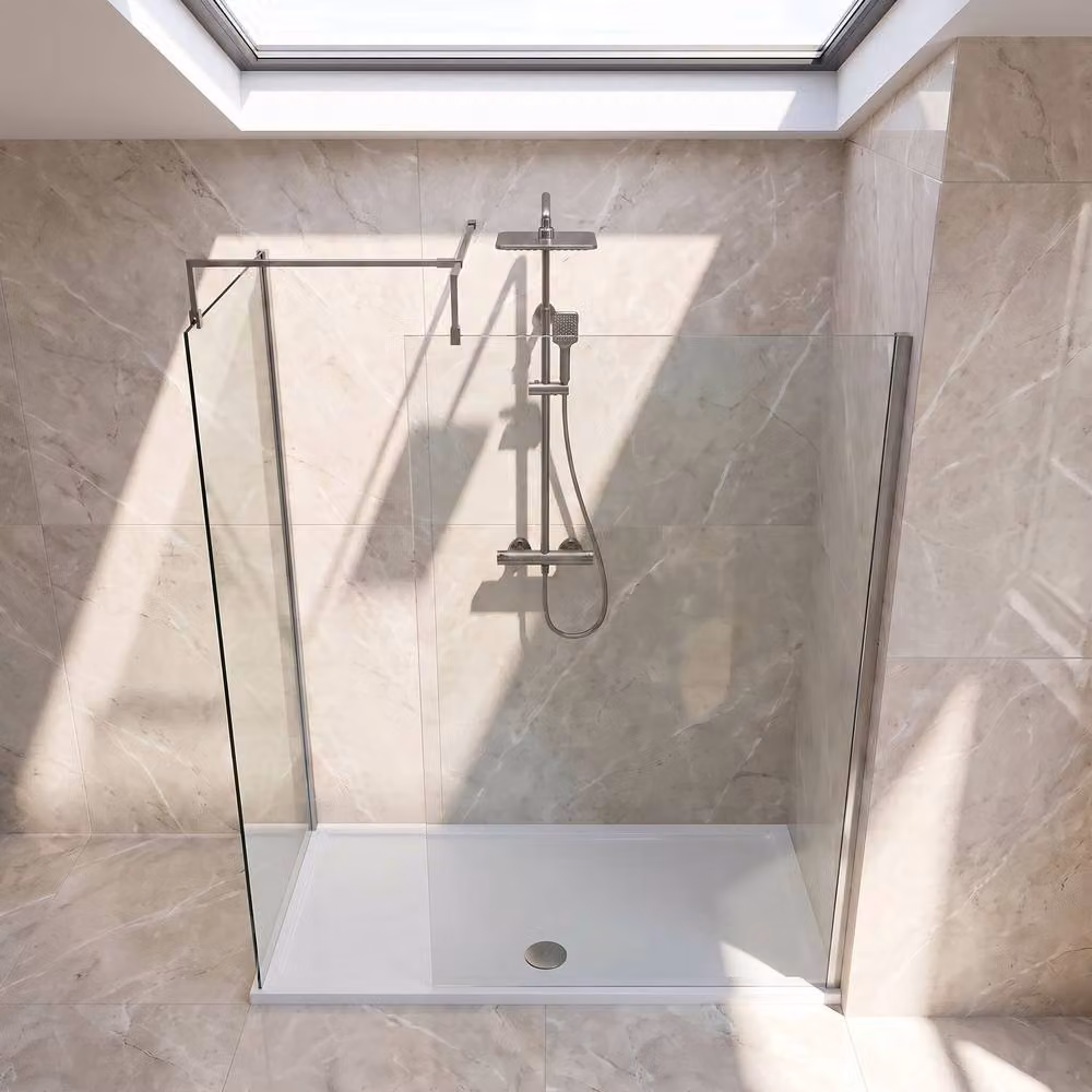 Balterley Walk-In Wetroom Bundle with Rectangular Tray and Fixed Glass in Silver and Gunmetal, W: 1600 mm, D: 800 mm – 2
