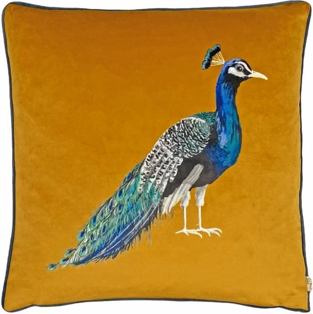 Terrys Peacock Velvet Filled Cushion, Multicolour and Yellow, W/D/H: 43 x 43 x 43 cm
