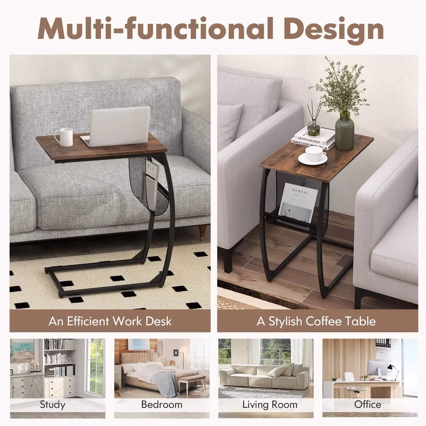 Costway C-Shaped Side Table with Mesh Bag in Brown – 5