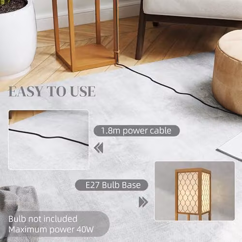 HOMCOM Modern Floor Lamp with Shelves and Fabric Lampshade in Natural Wood – 4