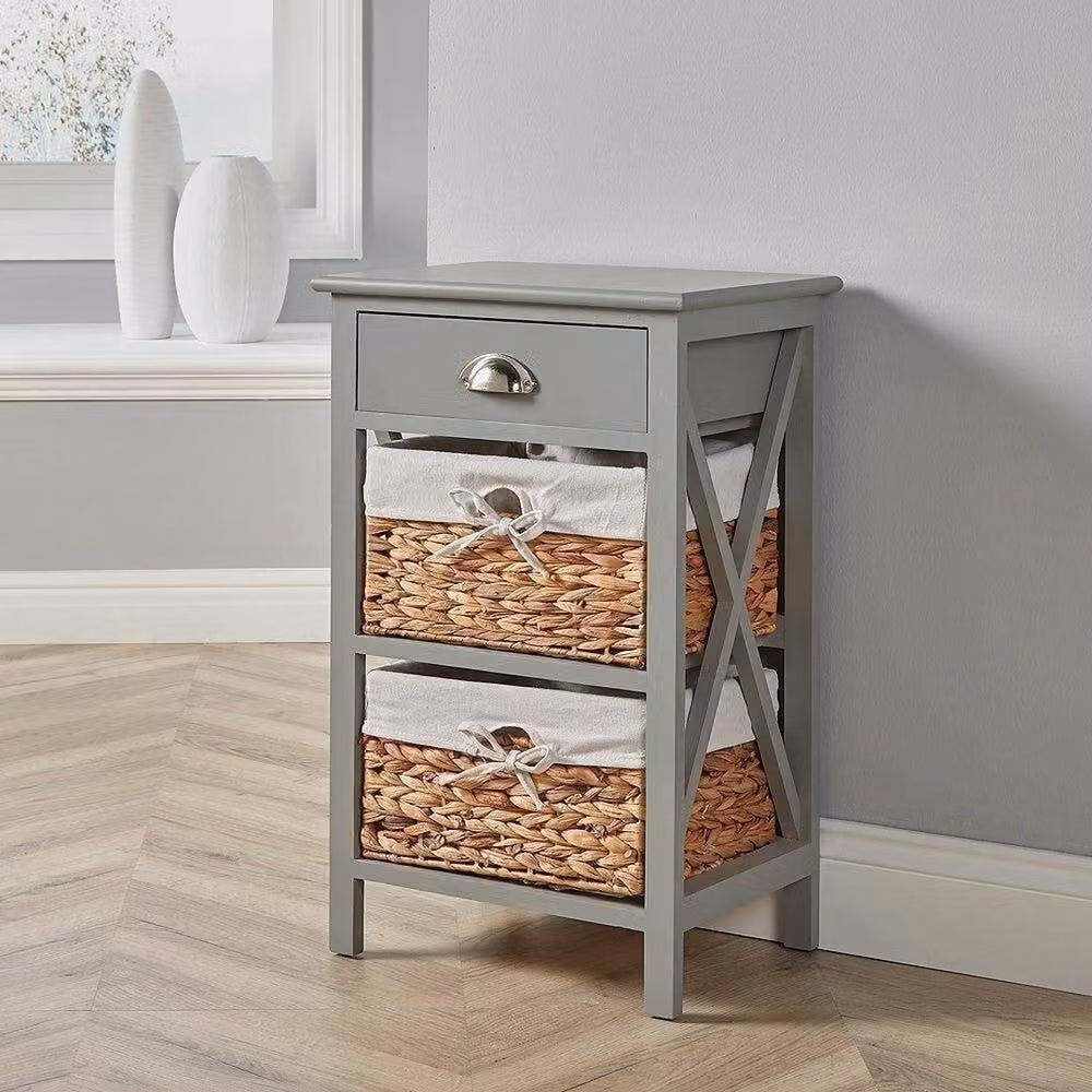 FORGEVIO Bedside 2 Drawer Chest in Grey with Wood and Metal Construction and Water Hyacinth Baskets – 3