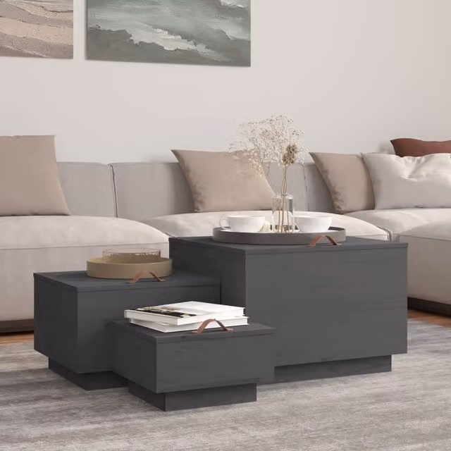 Berkfield Home Set of 3 Grey Solid Pine Wood Storage Boxes with Lids and Handles