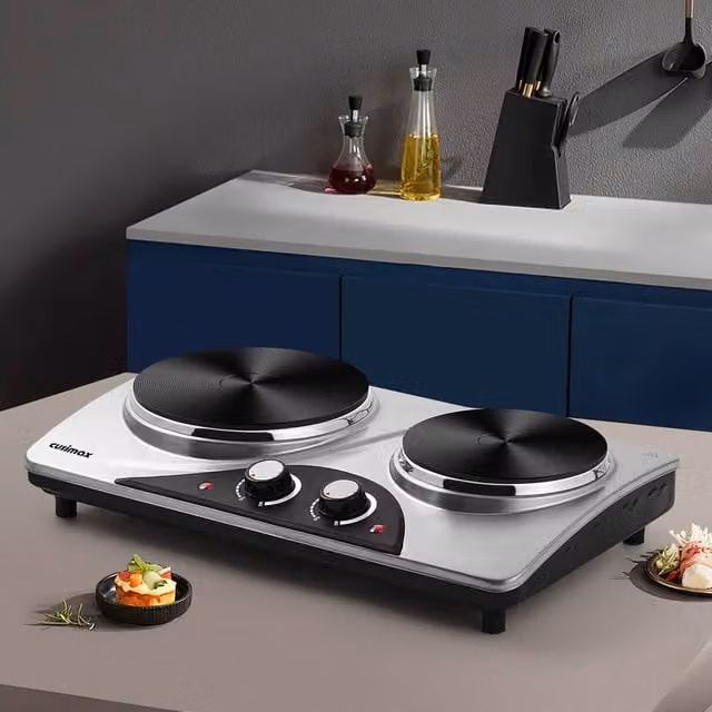 Cusimax Powerful Electric Double Hot Plate with Temperature Controls in Silver Stainless Steel