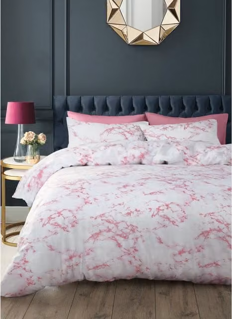 Velosso Marble Duvet Cover and Pillowcase Set in Pink, Cotton Blend, W: 180 cm, H: 200 cm – 1