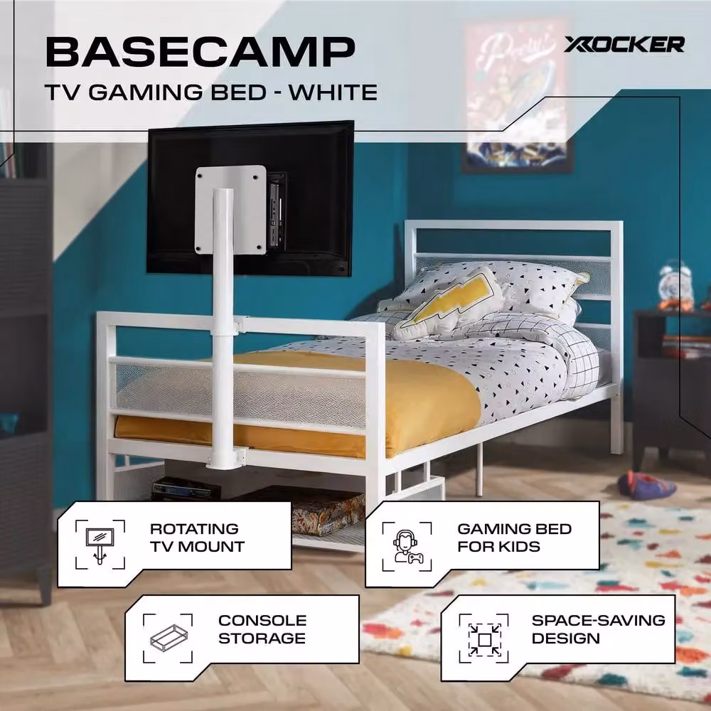 X Rocker Basecamp Single TV Bed with Rotating TV Mount, Storage and Mattress in White (W: 90 cm, D: 200 cm) – 2
