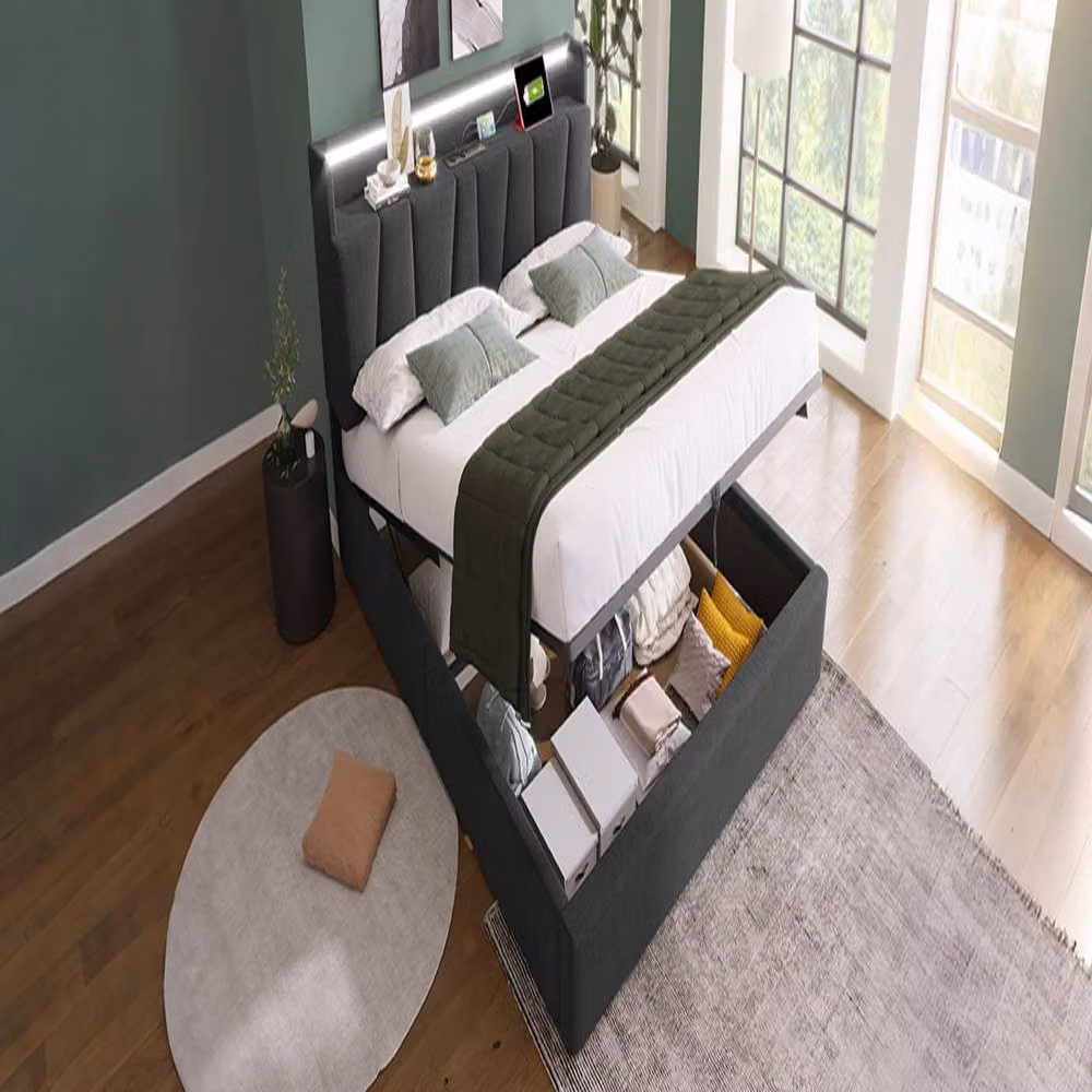 Rolipo Grey Upholstered 4ft6 Double Bed with Lift Up Storage Base, LED Underbed Lighting and USB Charging Ports, W/D/H: 140 x 200 x 137 cm – 3