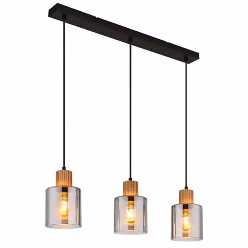 Globo Lighting Aleidis Bar Pendant Light with Smoke Glass and Wood, Black and Brown, H 120 cm