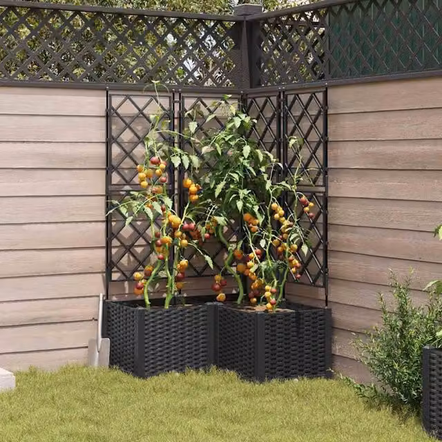 Berkfield Home Garden Planter with Trellis, 3 Piece Set, Black, W/D/H: 80 x 80 x 143 cm