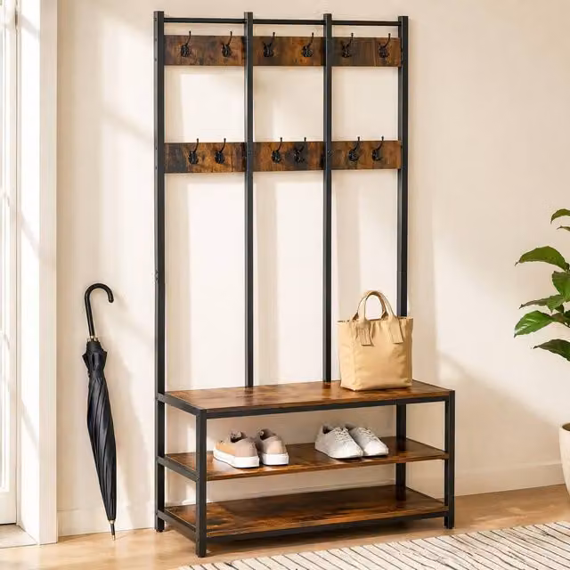 STILVORA Industrial Hall Tree with Bench and Shoe Rack in Brown and Black