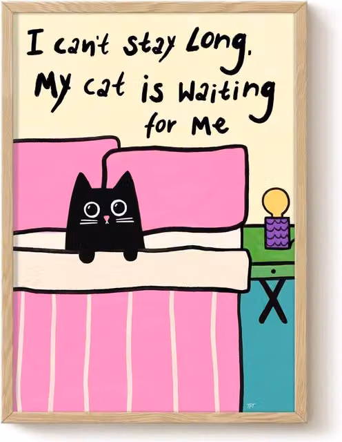 The Paper Tail Waiting Cat Funny Black Cat Art Print, Multicolour, A3