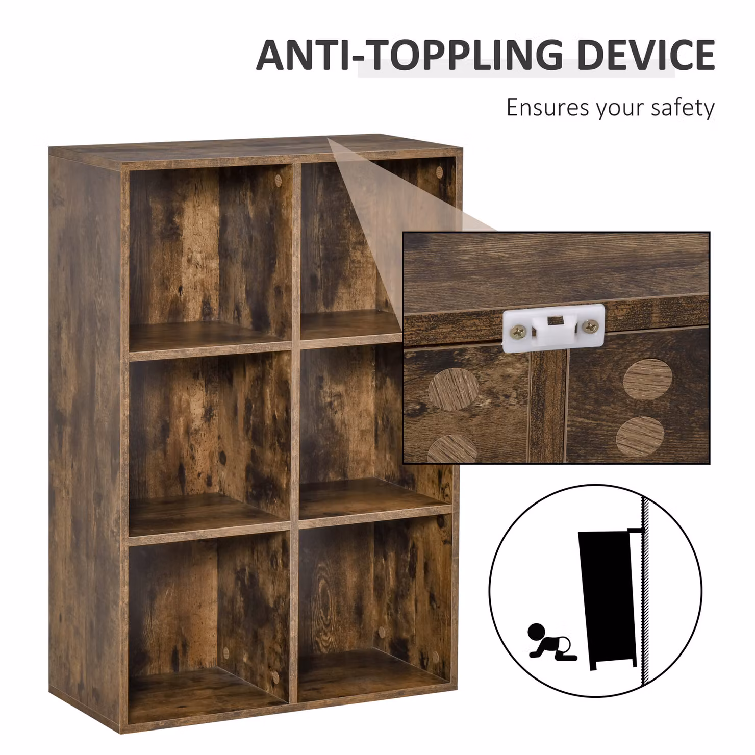 HOMCOM Solid Wood 3-Shelf Open Bookcase with Anti-toppling Device in Rustic Brown – 4
