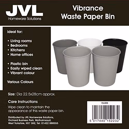 JVL Vibrance Clean Lightweight Plastic Waste Paper Basket Bin, White, H: 28.5 cm x W: 28 cm x D: 22.5 cm – 2