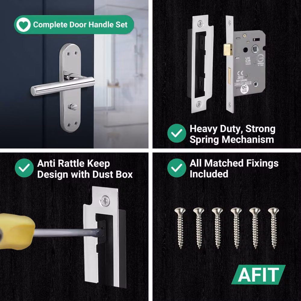 AFIT Polished Chrome T-Bar Bathroom Handle and WC Privacy Lock Backplate Set, Silver, W/D/H: 15.0 x 15.0 x 15.0 cm – 3