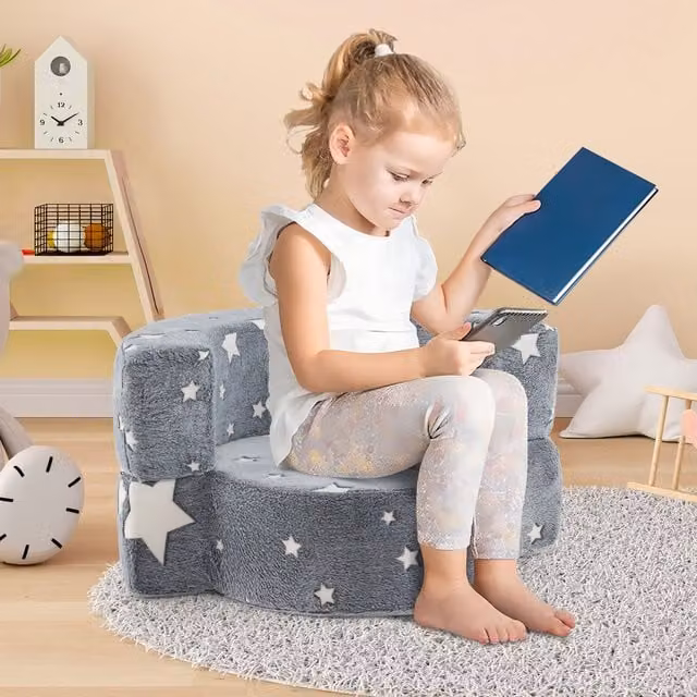 Costway 2 in 1 Kids Plush Geometric Couch in Grey and Green