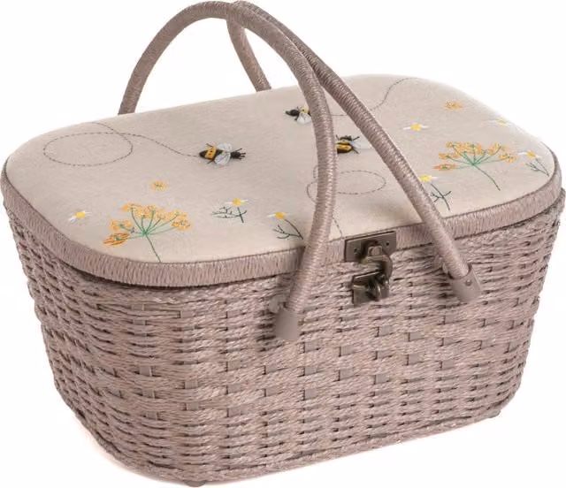 HobbyGift Wicker Sewing Box with Lid and Handles, Yellow and Beige Bee Applique Linen Design