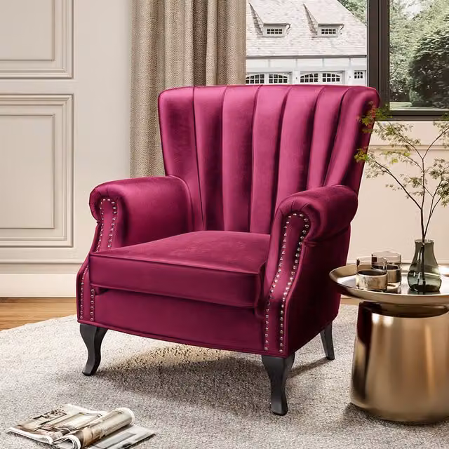Livingandhome Art Deco Velvet Armchair with Armrests in Red and Purple