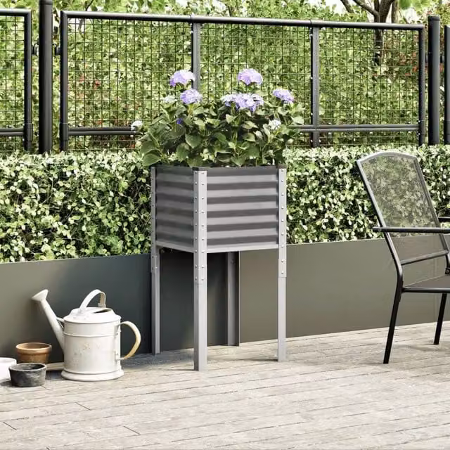 Berkfield Home Decorative Steel Garden Planter Tub, Grey, W/D/H: 45 x 45 x 88 cm