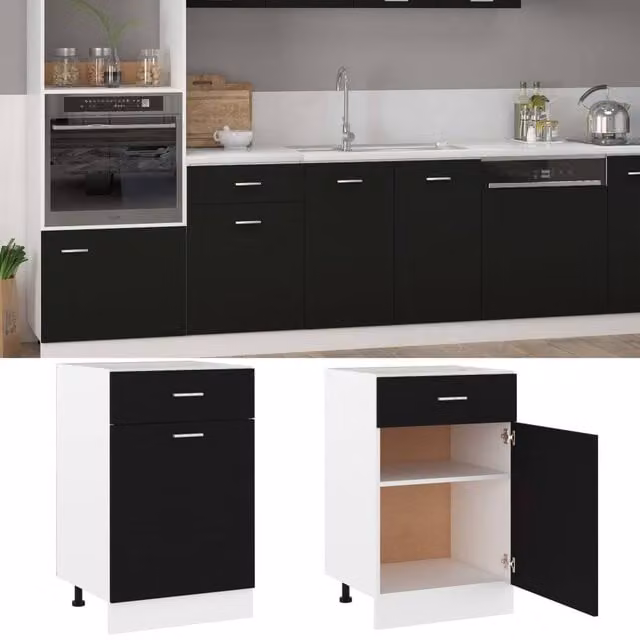 Berkfield Home Black Modern Kitchen Drawer Bottom Cabinet in MDF, W/D/H: 50 x 46 x 81.5 cm