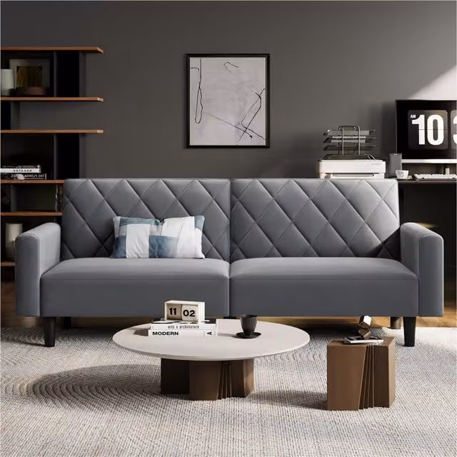 Yaheetech Grey Velvet Convertible Click-Clack Sofa Bed with Adjustable Headrest and Foam Upholstery, W/D/H: 140 x 190 cm