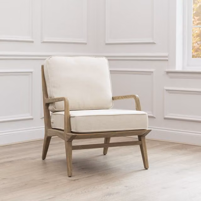 Voyage Maison Idris Mid Century Armchair with Solid Wood Frame in Walnut and Beige Fabric, W/D/H: 80 x 58 x 80 cm