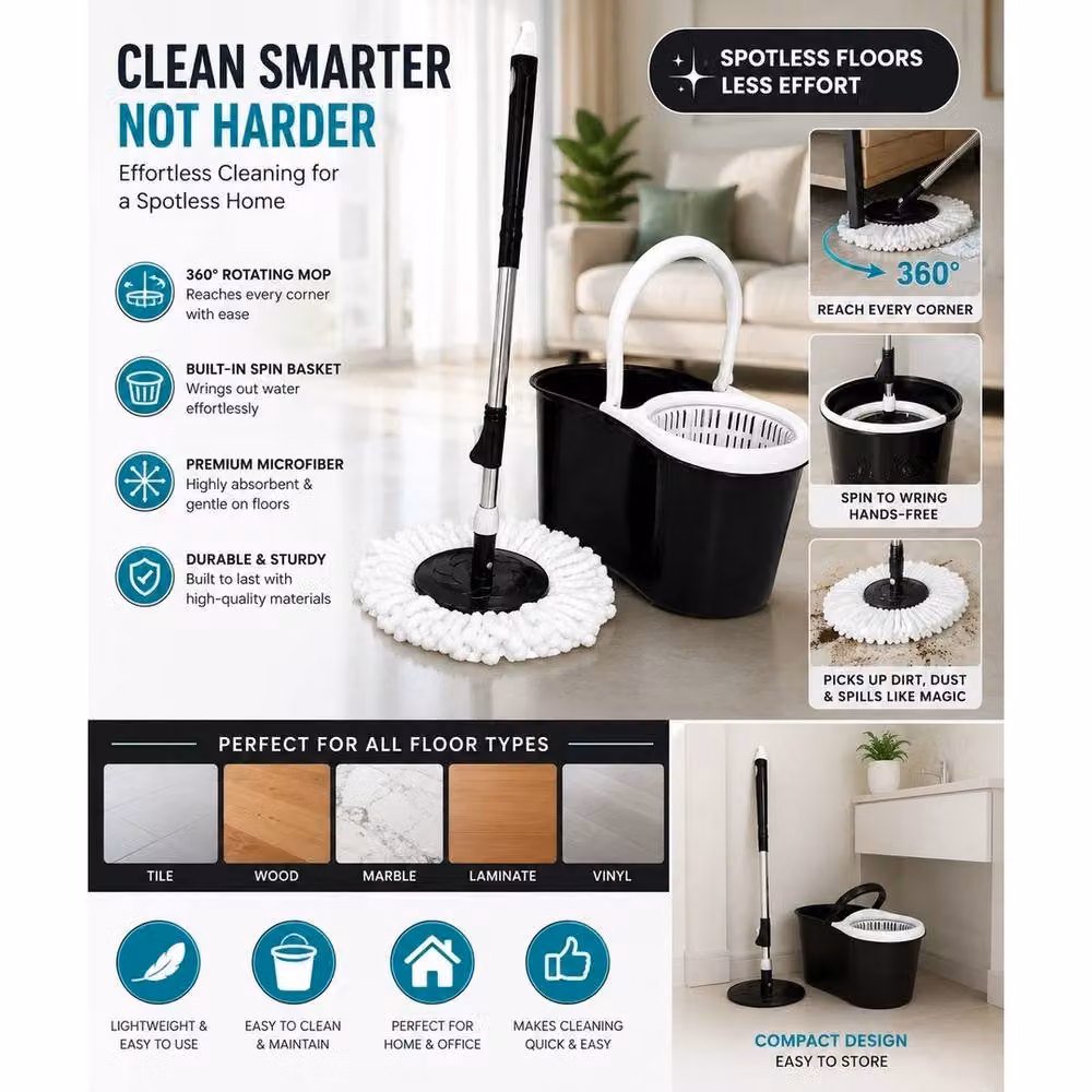 VOGREX Microfibre Mop Bucket Set with Wringer and Rotating Dry Heads in Black – 4