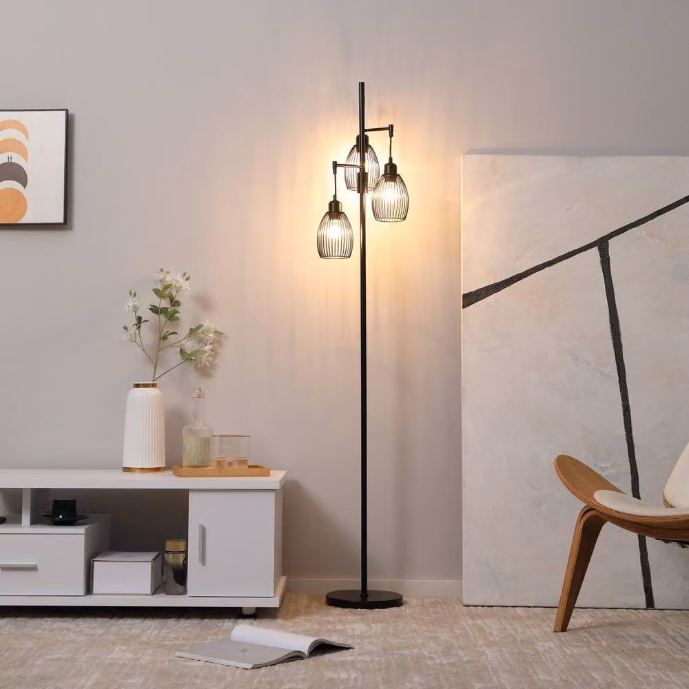 Wyld Haus Elziba Industrial 3 Light Floor Lamp in Black Metal with Wire Cage Shades, Height: 170.5 cm – 3