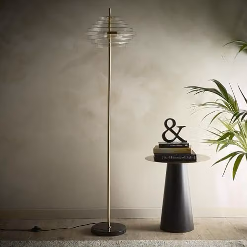 K LIVING Aspen Tiered Glass and Brass Floor Lamp in Gold and Transparent with Marble Base – 1