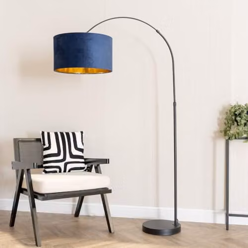 ValueLights Louis Black Arch Floor Lamp with Blue Fabric and Gold Inner Shade, H 180 cm x W 45 cm x D 45 cm – 2