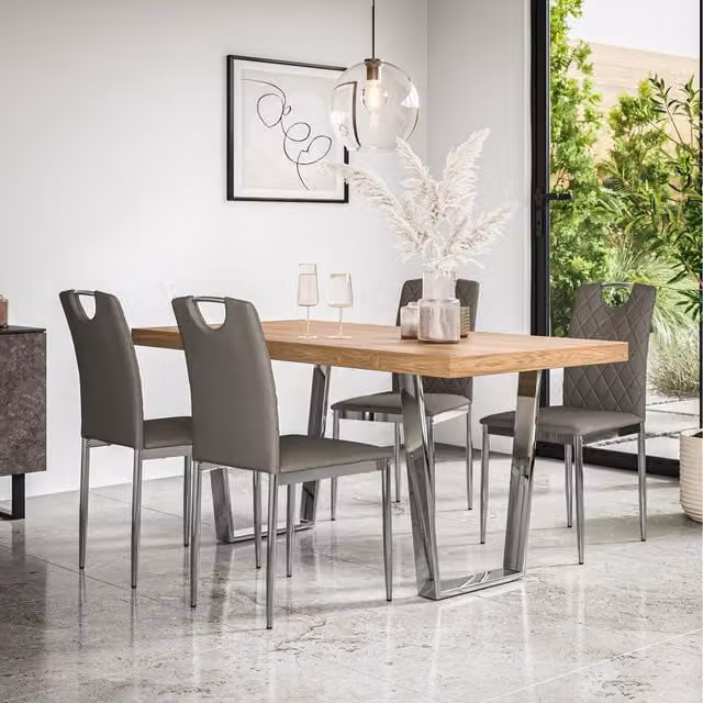 More4Homes Aria Oak Effect Dining Table Set with 6 Monza Faux Leather Chairs in Grey and Brown
