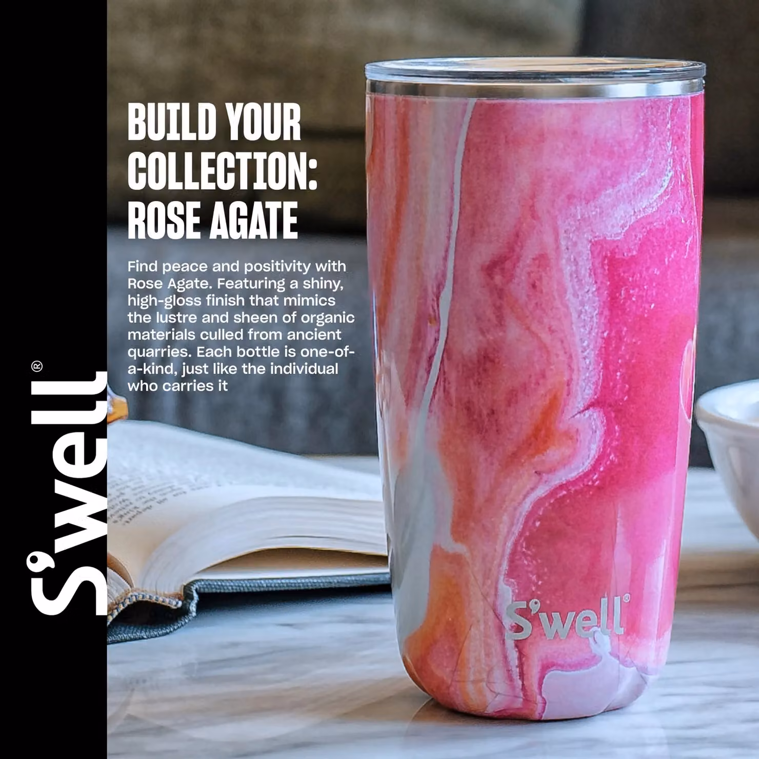 S'well Rose Agate Vacuum-Insulated Stainless Steel Water Bottle, Pink, 500ml – 5