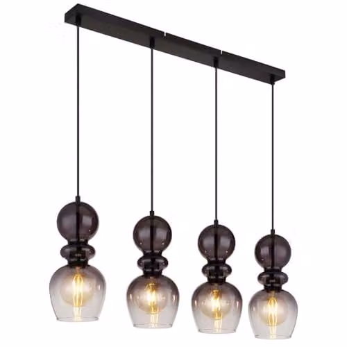 Netlighting Clarity Bar Pendant Light with 4 Grey Glass Shades and Black Metal Finish, E27, Height Adjustable – 1